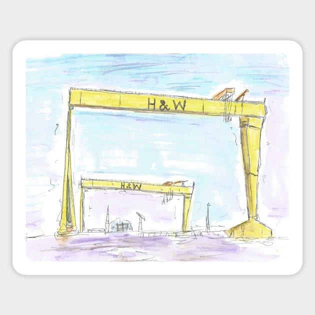 Squiggly sketch of the Harland and Wolff cranes, Belfast. Sticker by DebTheZeb